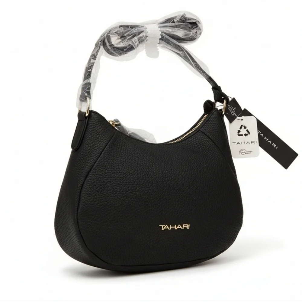 Tahari Crescent Burke Crossbody Bag In Black Pebbled Vegan Leather Silver NWT